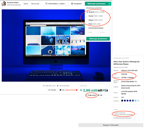 Informations disponibles pour l'utilisation d'une image sur le site web pexels